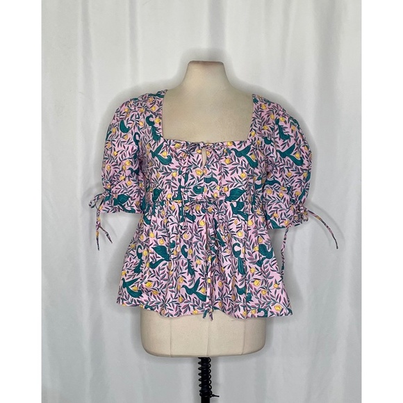 BANJANAN Tie Front Delph Bird Pomegranate Floral Vine Top Poplin Boho Medium - Picture 1 of 11